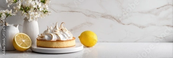 Fototapeta White lemon tart with meringue on a marble countertop, adorned with white blossoms