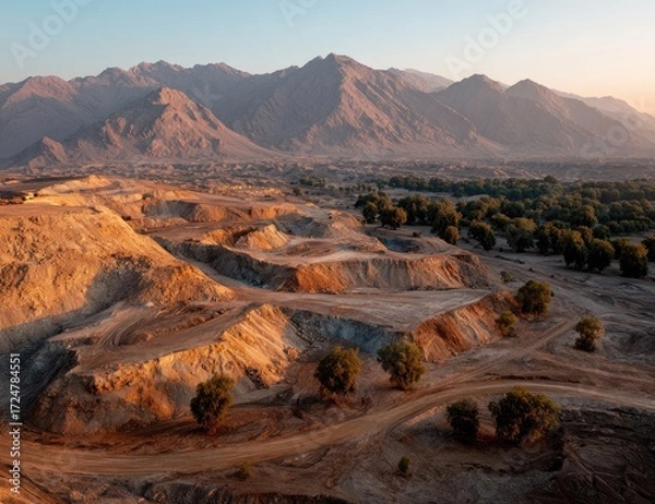 Fototapeta Desert landscape, mining site, mountains