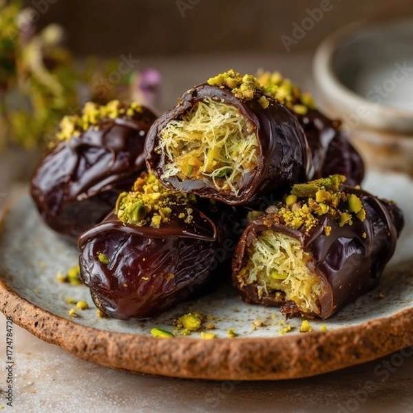 Obraz Chocolate-covered dates with pistachios