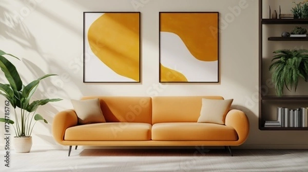 Fototapeta Cream wall behind a orange sofa, with two bold abstract paintings overhead. A dark wood shelf with books and ferns to the right. A warm and inviting space full of creative energy.