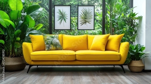 Fototapeta Bright yellow sofa with decorative pillows in a modern room with large windows framed by green plants on both sides.