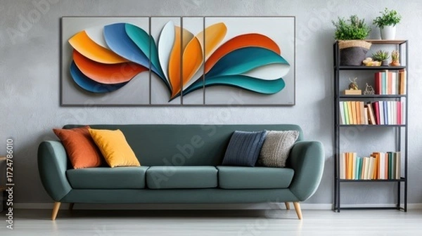 Fototapeta Modern living room with turquoise sofa decorated orange and gray pillows. Wall with an abstract piece of art in shades of blue, orange and green. Black bookshelf with books, with indoor plants on top.