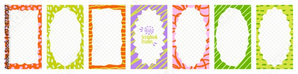 Fototapeta Paper kids frames with scribble pencil textures, crayon patterns and cutout borders. Kindergarten doodle collage set.