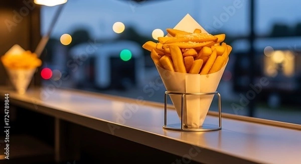 Fototapeta Golden French Fries in Paper Cone with Metal Holder on Countertop at Dusk