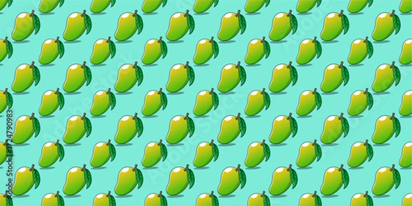 Fototapeta Seamless Pattern of Green Mango Fruit with Leaves on Blue Background Flat Cartoon Vector Illustration Tropical Fruit Decorative Design
