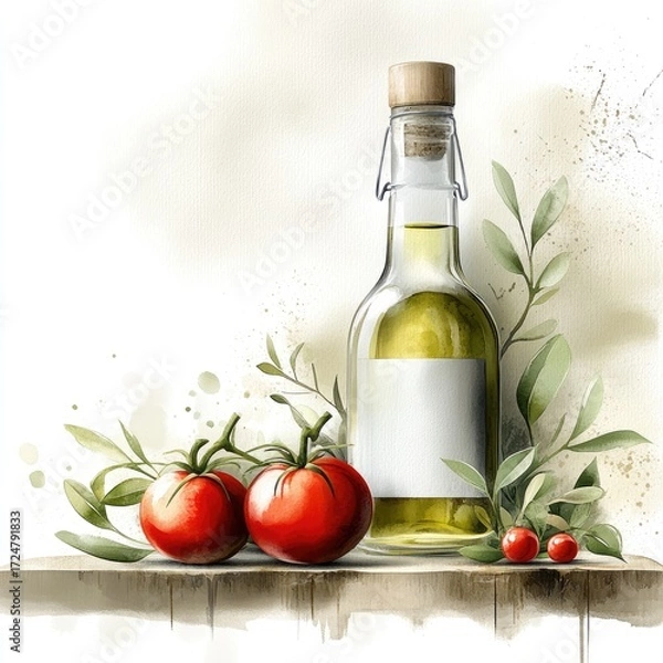 Fototapeta Bottle of olive oil with ripe red tomatoes on a white surface. Watercolor style for culinary articles or recipe books.