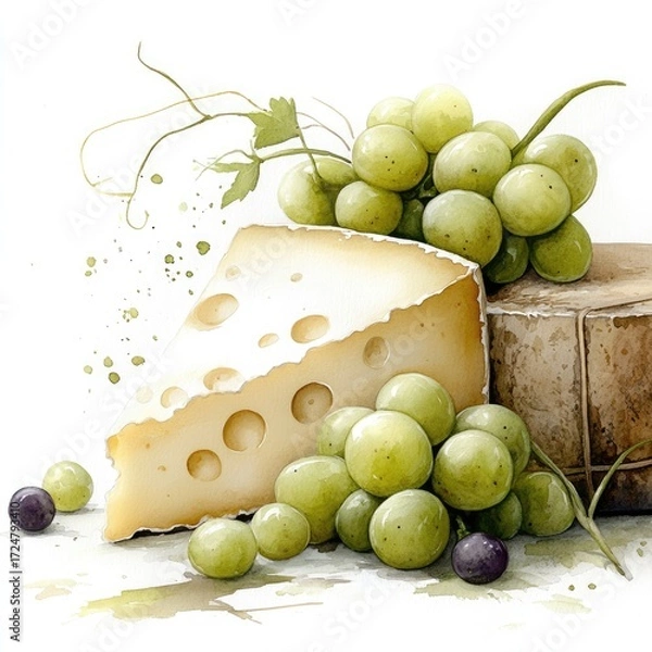 Fototapeta Bunch of green grapes with a slice of cheese on a white backdrop. For food magazines or culinary blogs, watercolor style.