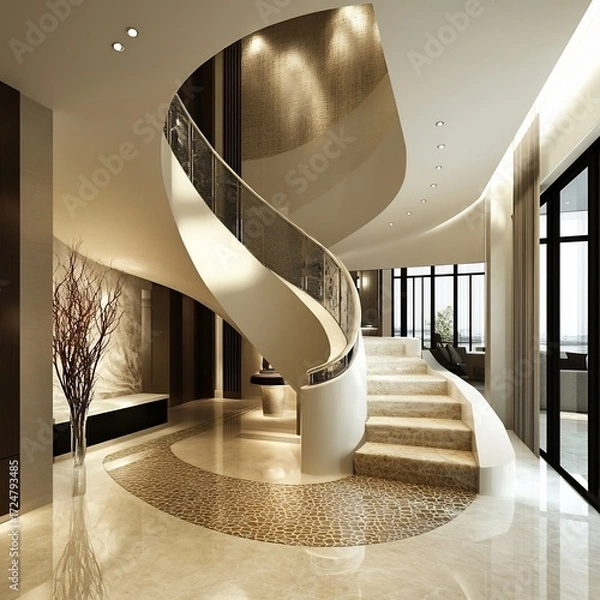 Fototapeta A modern and luxurious interior design with a spiral staircase, marble flooring, and elegant lighting fixtures creating a grand entrance