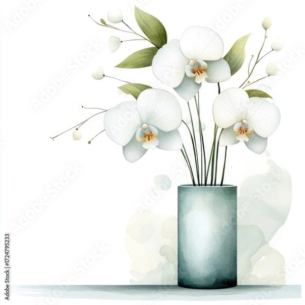 Fototapeta Potted orchid with white petals and a thin stem on a white background. For crafts, delicate watercolor art.