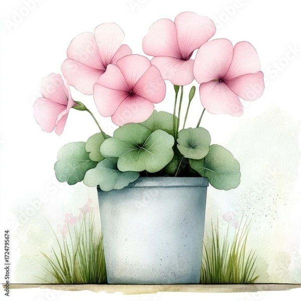 Fototapeta Simple garden clay pot with pink geraniums and lush green leaves on a white background. For seasonal craft ideas, soft watercolor tones.