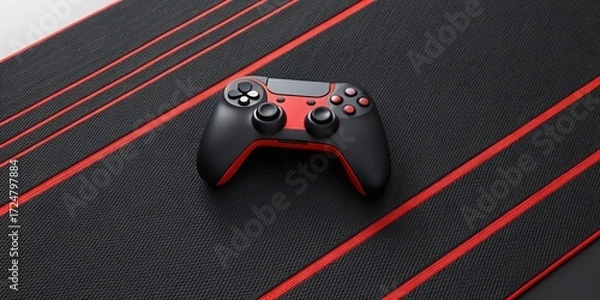 Fototapeta Gaming Controller and Gaming Pad: A high-angle perspective captures a sleek, black and red gaming controller poised upon a textured black gaming pad, hinting at the thrill of virtual worlds.