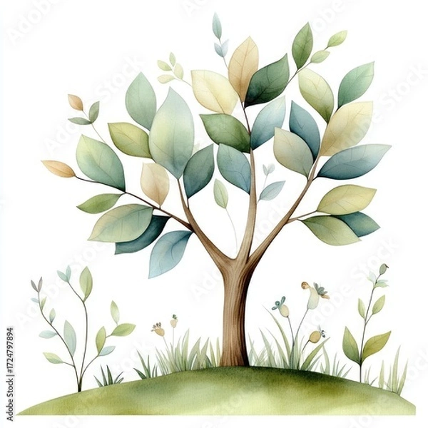 Fototapeta Summer tree with broad, extending branches covered in dark green leaves on a white background. For landscape crafts, watercolor art.
