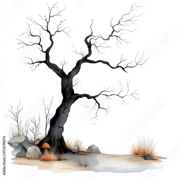 Fototapeta Single tree with branches reaching outward, bark displaying age and texture, on white backdrop. Surrounding sparse plants suggest dryness and isolation, watercolor style.