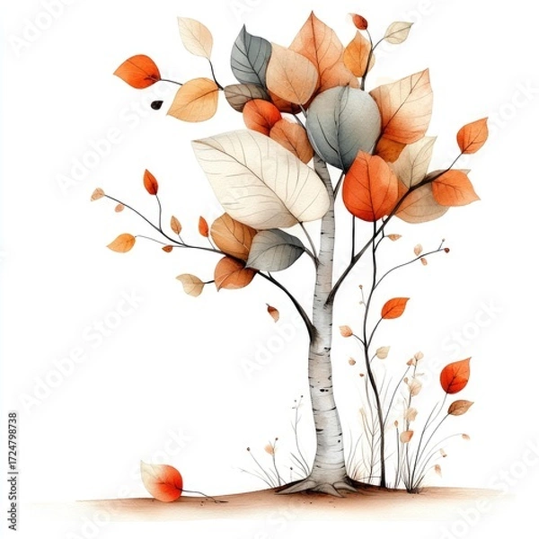 Fototapeta Tree with glowing amber leaves scattered on a white background. Perfect for fall-themed projects, watercolor style.