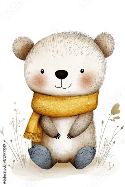 Fototapeta A tiny bear cub in a yellow scarf, playing on a clean white background. For charming cards and crafts, watercolor design.
