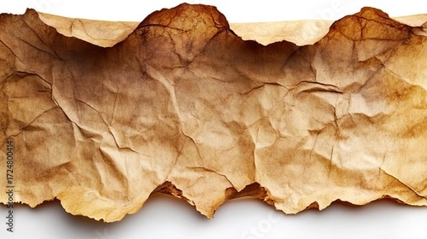 Fototapeta Vintage, crinkled parchment paper with yellowing edges, creating an antique feel, isolated on white
