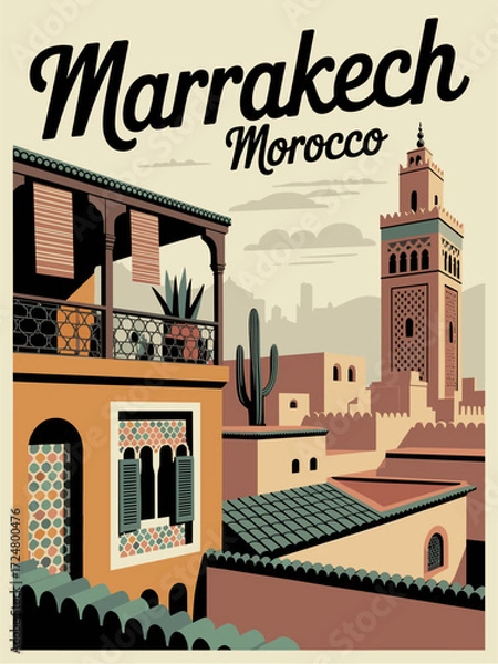 Fototapeta Marrakech Morocco travel poster in retro vintage style featuring iconic architecture and desert tones, vector illustration perfect for wall art, prints, souvenirs, and decor