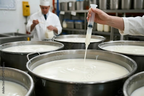 Fototapeta Crafting artisanal cheese with expert precision, ensuring quality in every batch at a modern creamery for a premium dairy product