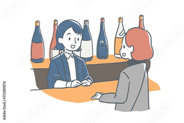 Obraz 酒屋で接客している女性店員と女性客のイラスト