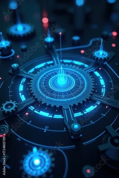 Fototapeta Intricate Futuristic Mechanical Device Glowing With Blue Energy