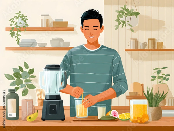 Obraz man preparing a smoothie with a blender 