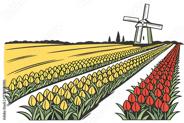 Fototapeta Tulip Field with Windmill