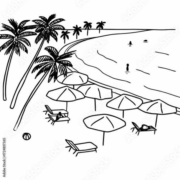 Fototapeta Tropical Beach Sketch with Palm Trees