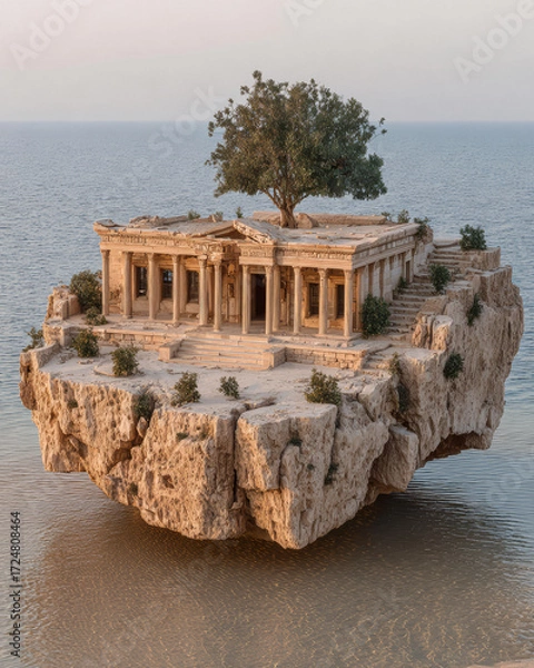Fototapeta Floating ancient temple with a tree on a rocky island above water during sunset