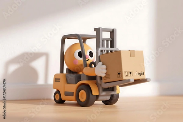 Fototapeta Adorable animated character operates forklift moving fragile package, ideal for logistics, transportation, delivery, and automation concepts