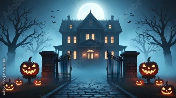 Obraz Spooky Haunted House with Jack-o'-Lanterns and Full Moon - Holiday and Celebration - Halloween Background and Banner