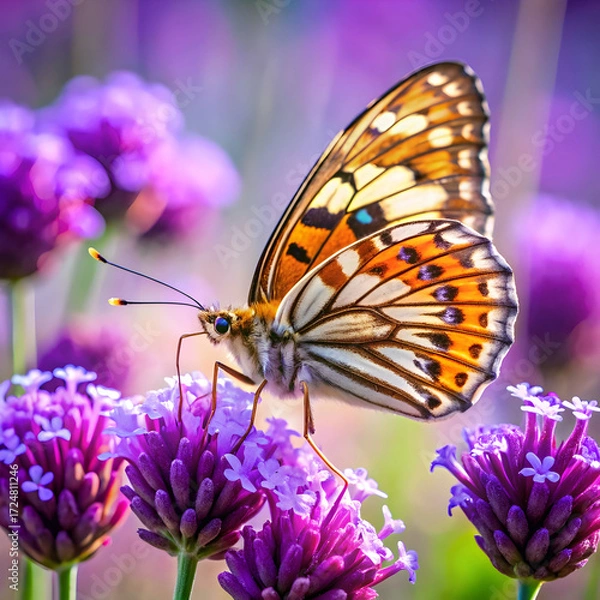 Fototapeta close up of butterfly pollinating on purple flower