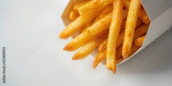 Fototapeta Macro Image of French Fried Chips in a White Paper Box  Focus on Texture and Detail Against a Neutral Background