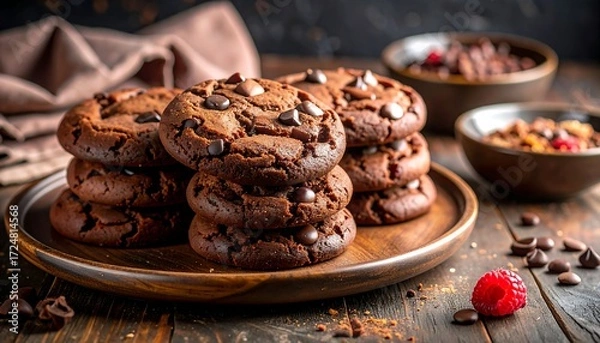 Fototapeta A close-up shot showcasing a stack of freshly baked, dark chocolate chip cookies on a wooden plate. Other treats are visible