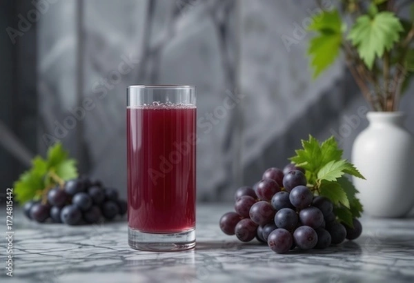 Fototapeta Urban Oasis  Minimalist Grape Juice Still Life, Glassware, Grey Marble Surface, Geometric Pattern, Sharp Focus