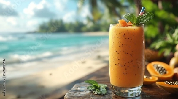 Obraz Refreshing tropical smoothie made with papaya served in a glass with a straw garnished with mint leaves and placed on a beachside table with a view of the ocean and palm trees