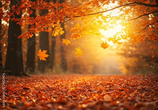 Obraz Golden Autumn Forest with Falling Leaves