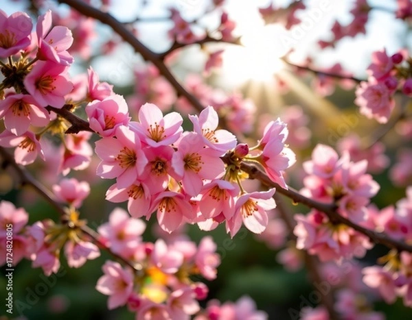 Fototapeta Pink Cherry Blossoms with Sunlit Bokeh