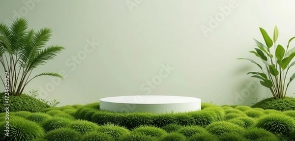 Fototapeta A minimalist natural scene with a circular platform set on a bed of lush green moss, embodying organic beauty.