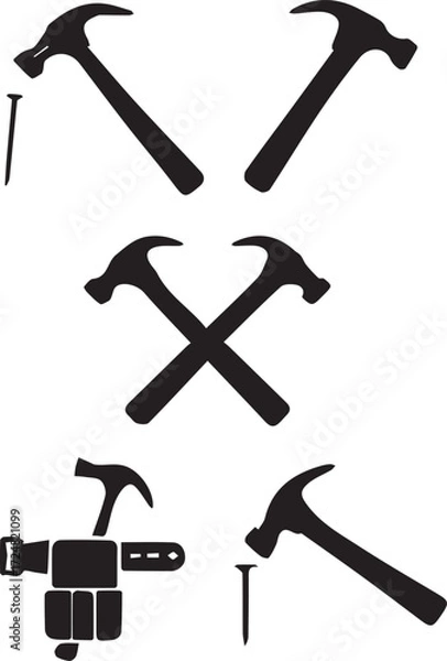 Fototapeta Black and White Hammer Silhouette Set | Claw Hammer Poses, Crossed Tools, Toolbelt & Hammer with Nail