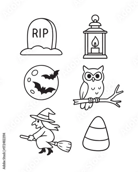Obraz Set of Halloween illustrations: witch, bats with the moon, owl on a branch, grave, lamp with a candle