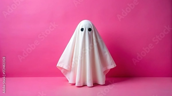 Fototapeta Cute ghost costume on pink background, creating a spooky yet adorable scene