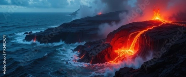 Fototapeta Visualizing the birth of a volcanic island and the initial energy flow establishing life.