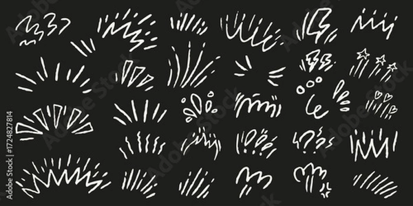 Fototapeta Comic exclamation element set. Chalkboard white sketchy symbols and hand drawn kids chalk doodle motion lines. Stars, marks for highlight, notes, playful designs.