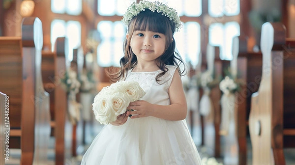 Obraz チャペルの花道を歩くリングガール – 結婚式の小さな女の子、白いドレスと花冠