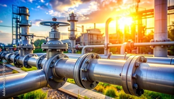 Fototapeta A close-up view captures a network of industrial pipes and valves against a bright, sunny sky. The focus is on the metallic hardware