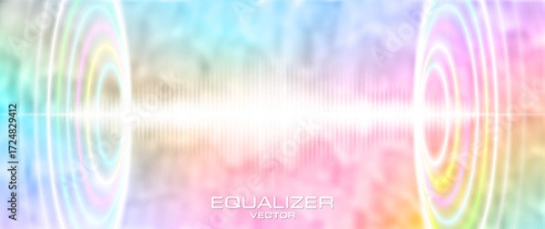 Fototapeta Vector abstract futuristic light wide banner. Glowing energy equalizer with colorful luminous iridescent circles. Blurred textured wavy background. Powerful sound musical stereo wave. Dense mesh