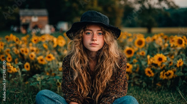 Fototapeta portrait of asian woman wearing a black bucket hat and blue jeans, sitting in the middle of a field of sunflowers.
