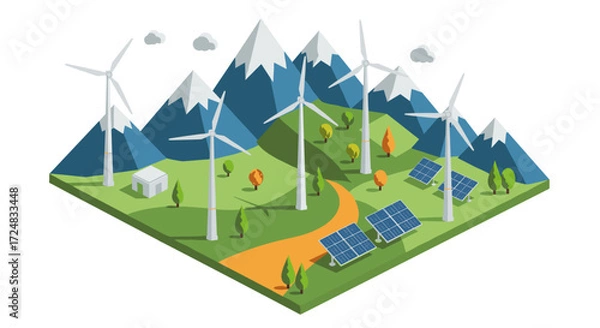 Fototapeta Isometric renewable energy landscape with wind turbines and solar panels in mountainous terrain
