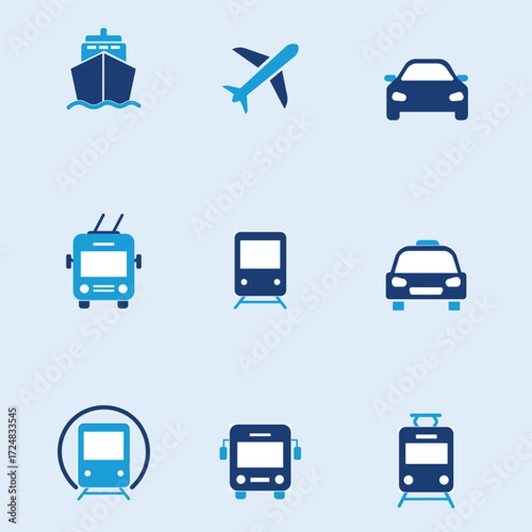 Fototapeta Transport icons set. Car, bus, train, ship, plane, taxi, subway, tram and trolleybus. Public, travel and delivery transport icons.