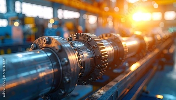 Fototapeta A close-up view of industrial machinery, showcasing intricate gears and metallic components, bathed in warm sunlight. The focused detail captures the precision and scale